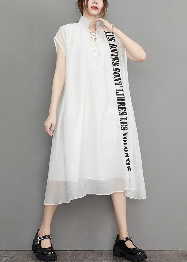 White Lace Up Silk Cotton Long Dress Embroidered Short Sleeve