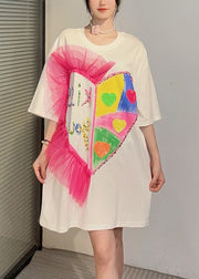 White Patchwork Cotton T Shirt Dress Ruffled Zircon Summer