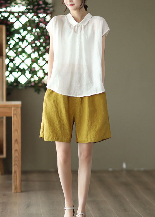 White Patchwork Linen Shirt Tops Peter Pan Collar Button Summer