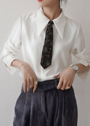 White Patchwork Shirt Tops Peter Pan Collar Fall