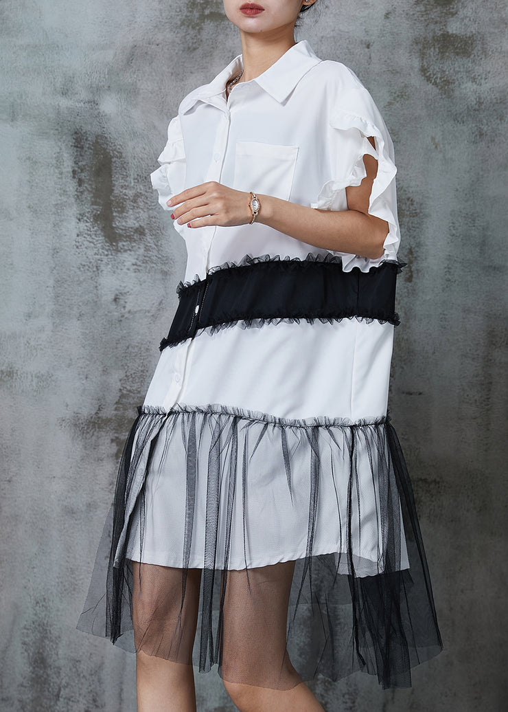 White Patchwork Tulle Cotton Shirt Dress Oversized Summer