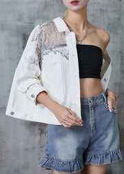 White Patchwork Tulle Denim Jacket Zircon Spring