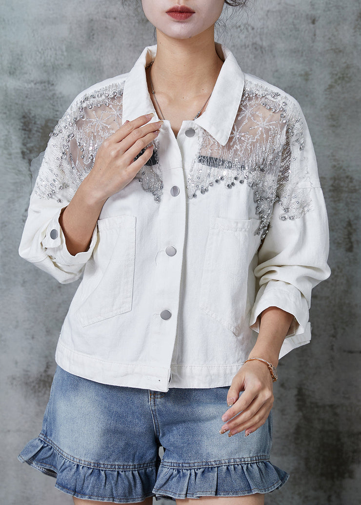 White Patchwork Tulle Denim Jacket Zircon Spring