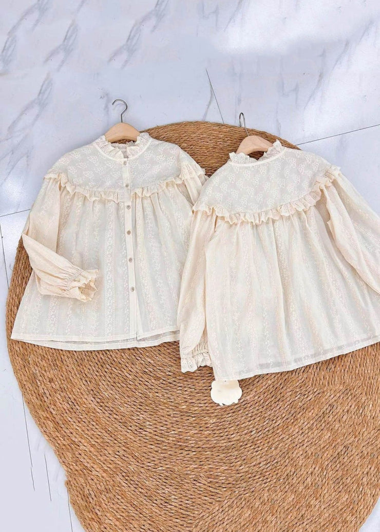 Women Beige Embroidered Hollow Out Cotton Blouse Spring