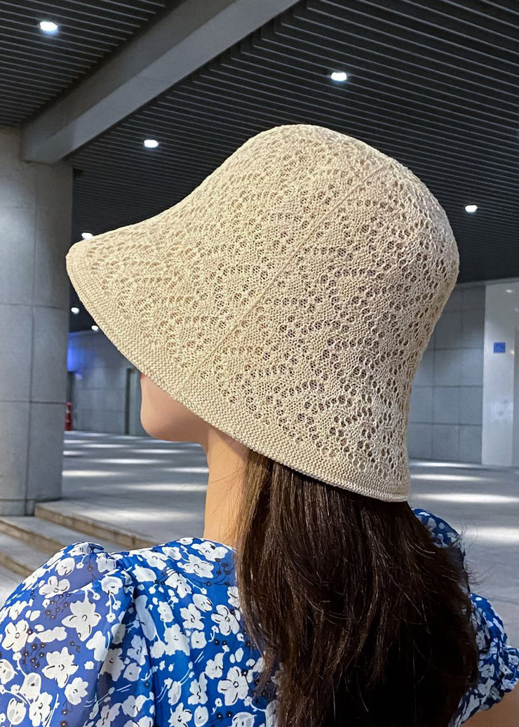 Women Beige Thin Hollow Out Cotton Blended Bucket Hat