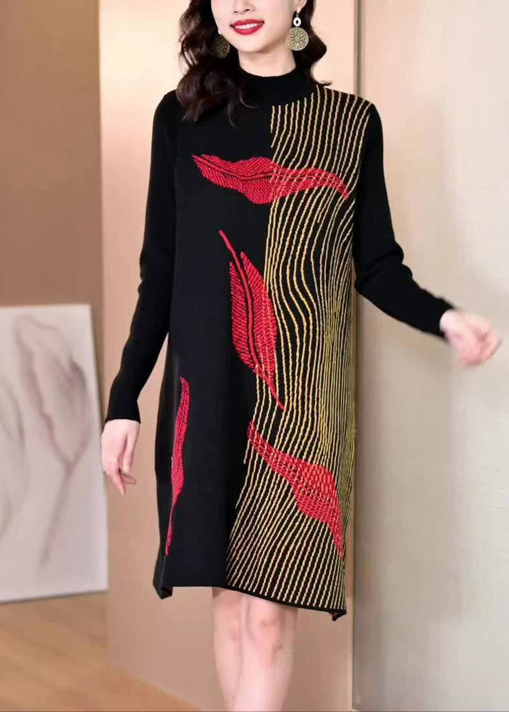 Women Black Asymmetrical Cozy Cotton Knit Mid Dress Winter