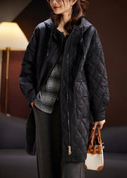 Women Black Hooded Zippered Pockets Cotton Filled Coats Spring