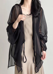 Women Black Lace Up Thin Chiffon Cardigan Spring