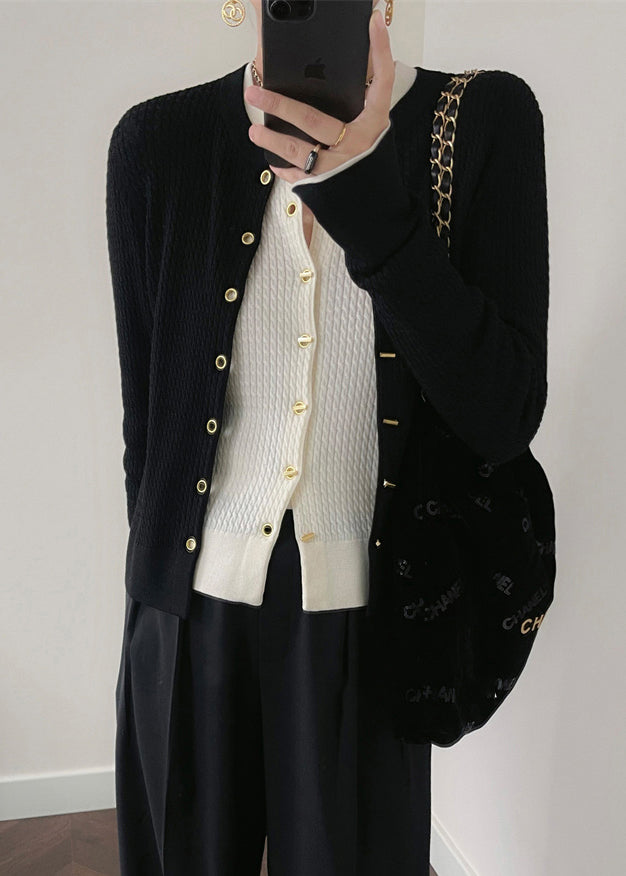 Women Black O Neck Button Patchwork Knit Cardigan Fall