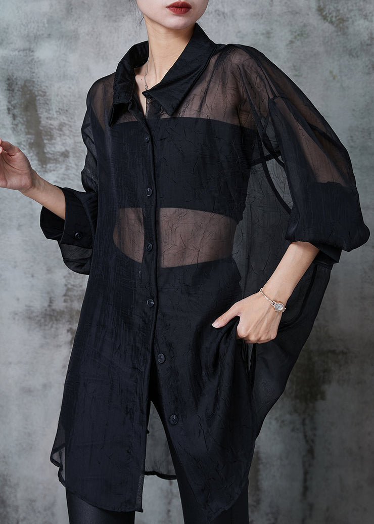 Women Black Oversized Back Hollow Out Tulle Long Shirts Summer