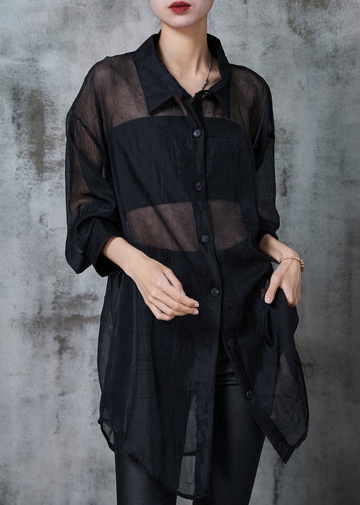 Women Black Oversized Back Hollow Out Tulle Long Shirts Summer