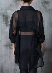 Women Black Oversized Back Hollow Out Tulle Long Shirts Summer