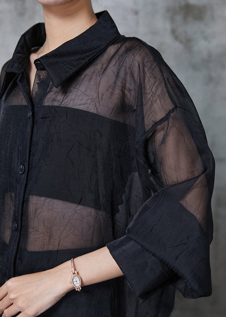 Women Black Oversized Back Hollow Out Tulle Long Shirts Summer