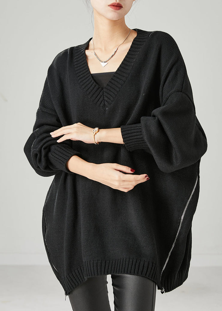 Women Black Oversized Side Open Knit Sweaters Spring