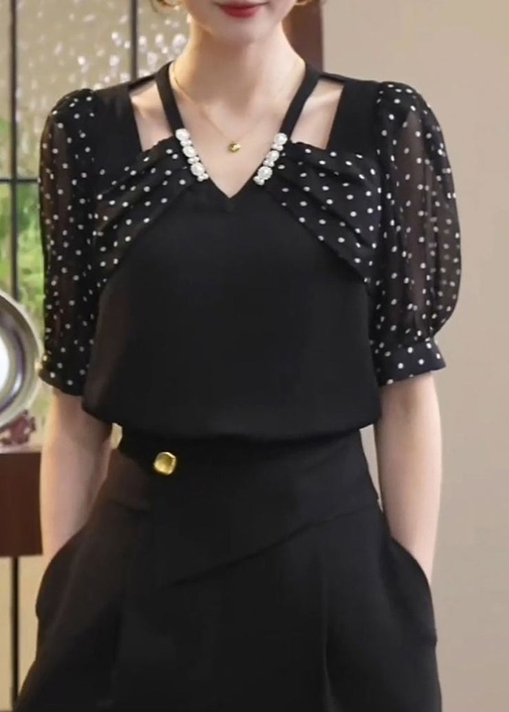 Women Black Patchwork Dot Print Hollow Out Chiffon Shirt Short Sleeve