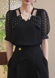 Women Black Patchwork Dot Print Hollow Out Chiffon Shirt Short Sleeve