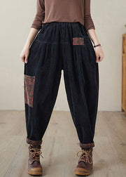 Women Black Print Patchwork Thick Corduroy Fleece Pants Winter