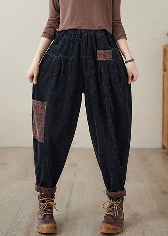 Women Black Print Patchwork Thick Corduroy Fleece Pants Winter