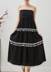 Women Black Tasseled Cotton Summer Spaghetti Strap Dress