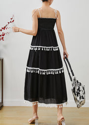 Women Black Tasseled Cotton Summer Spaghetti Strap Dress