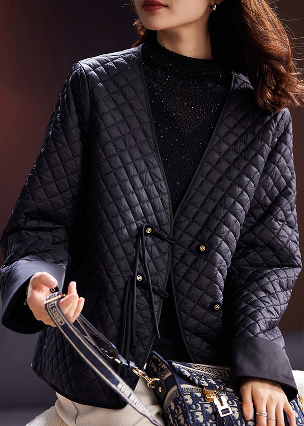 Women Black V Neck Button Thin Cotton Filled Coat Spring