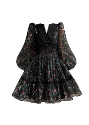 Women Black V Neck Print Lace Patchwork Chiffon Short Dress Long Sleeve