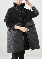 Women Black Zip Up Patchwork Fine Cotton Filled Knit Coat Winter