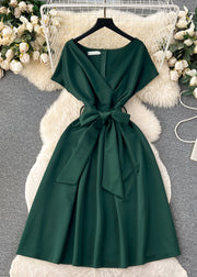 Women Blackish Green V Neck Zippered Tie Waist Spandex Dresses Summer