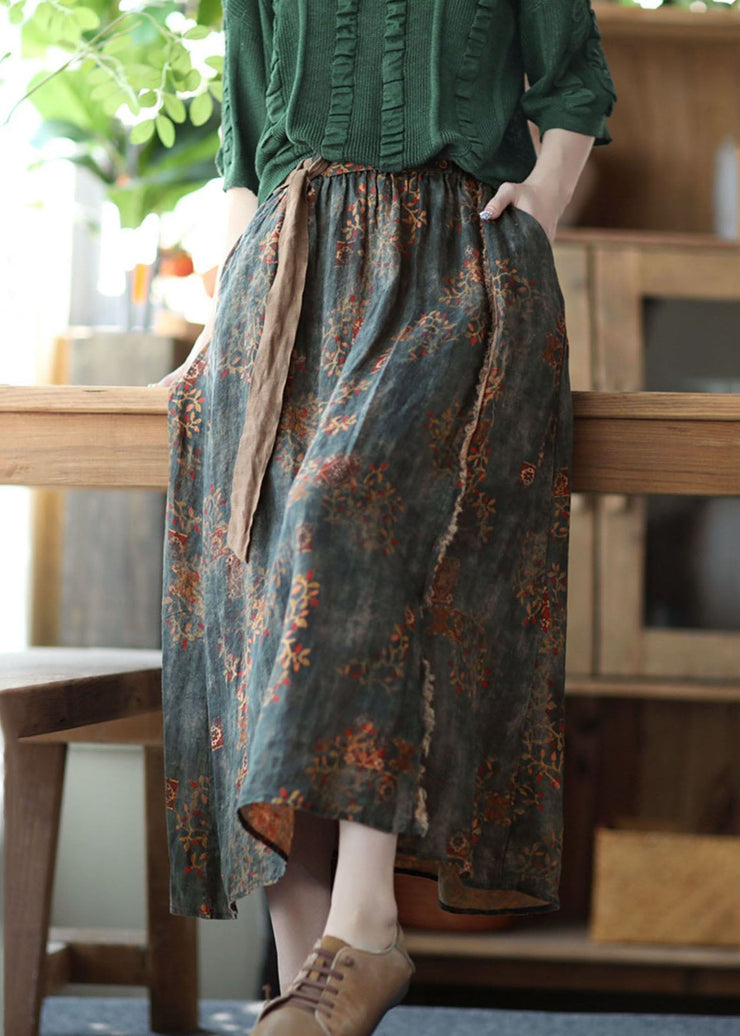 Women Blackish Green Wrinkled Pockets Patchwork Linen Skirts Summer