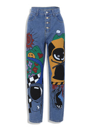 Women Blue Fashion Cartoon Printed Denim Pant Spring