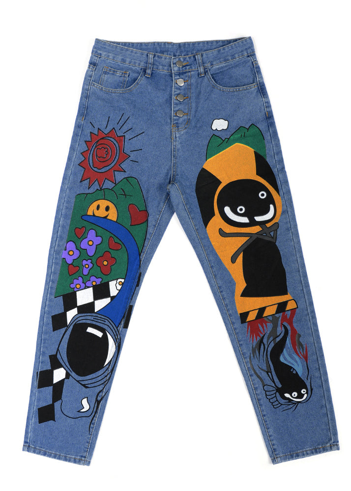 Women Blue Fashion Cartoon Printed Denim Pant Spring