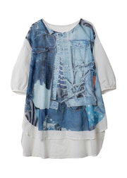 Women Blue O Neck Print Plus Size Linen Blouses Half Sleeve