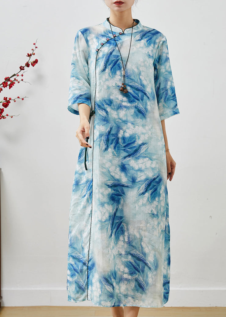 Women Blue Print Lace Up Linen Cheongsam Dresses Summer