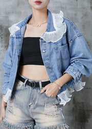 Women Blue Ruffled Patchwork Denim Coats Spring