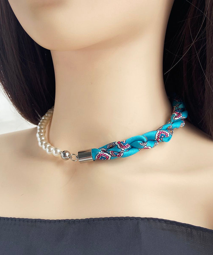 Women Blue Silk Patchwork Pearl Choker