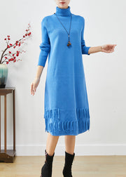 Women Blue Tasseled Patchwork Knit Long Dress Fall