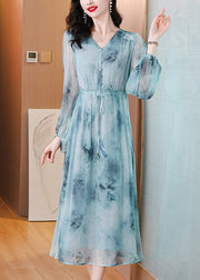 Women Blue V Neck Print Drawstring Silk Dress Lantern Sleeve