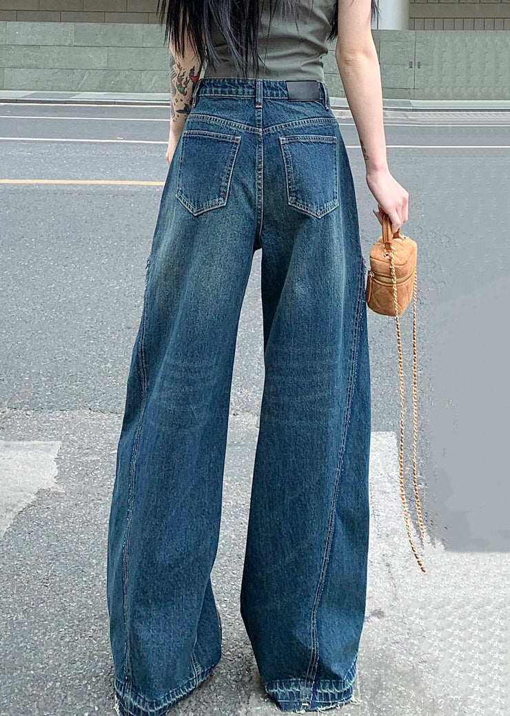 Women Blue Zip Up Pockets Denim Wide Leg Pants Summer