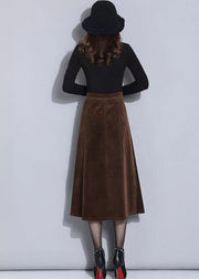 Women Brown Elastic Waist Pockets Corduroy A Line Skirts Spring