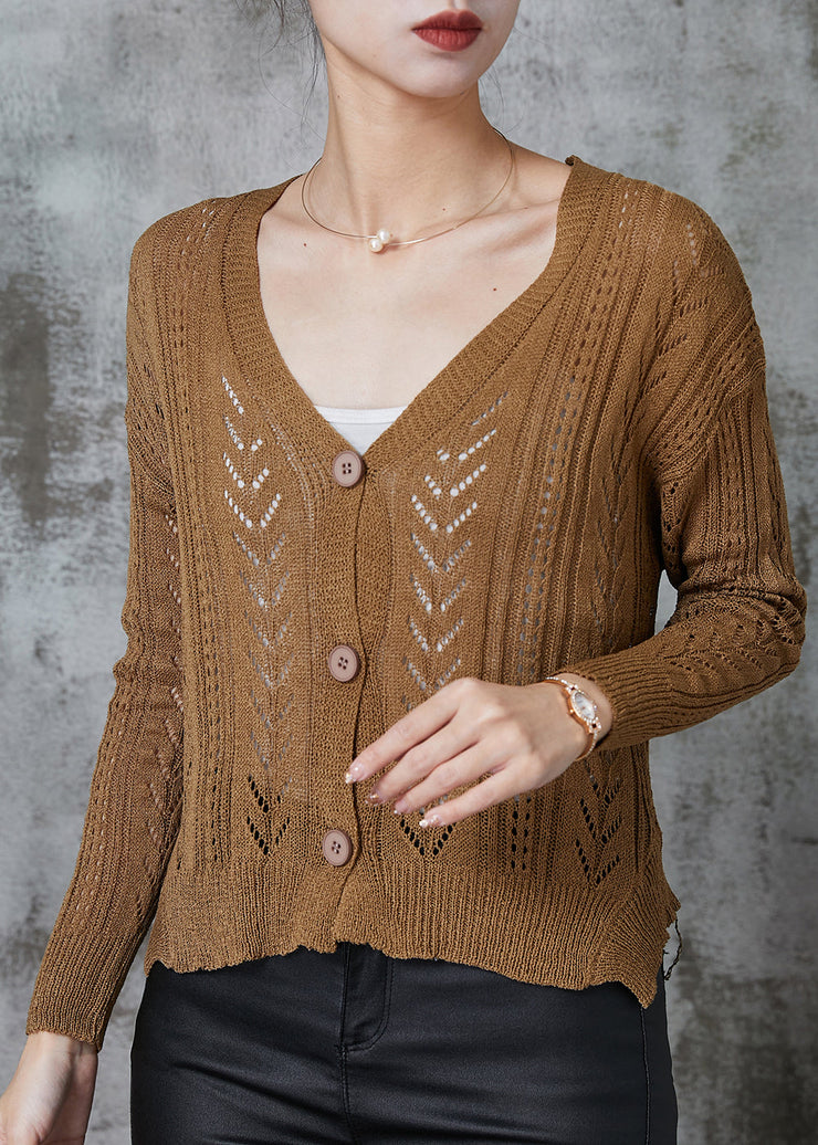 Women Coffee V Neck Hollow Out Knit Cardigans Spring