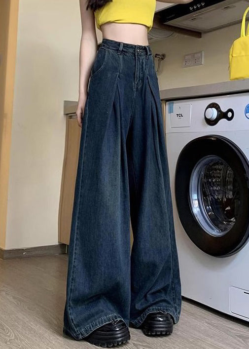 Women Denim Blue Button Pockets Denim Wide Leg Pants Summer