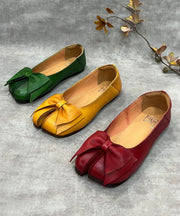 Women Green Bow Split Toe Cowhide Leather Flat Shoes For