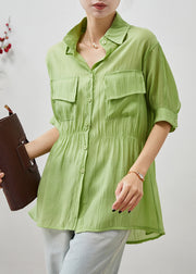 Women Green Cinched Silm Fit Cotton Blouse Top Summer