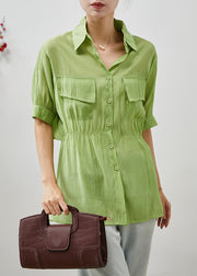 Women Green Cinched Silm Fit Cotton Blouse Top Summer