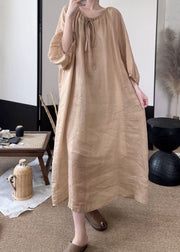 Women Green Lace Up Solid Linen Long Dresses Fall