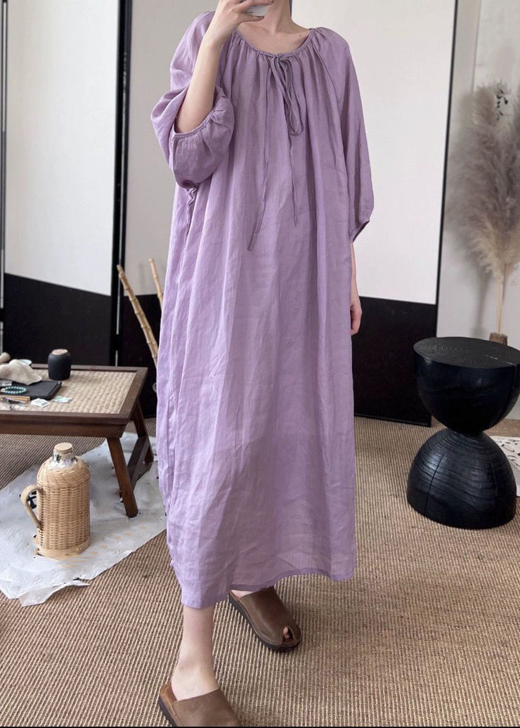 Women Green Lace Up Solid Linen Long Dresses Fall