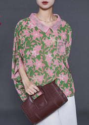 Women Green Oversized Print Chiffon Tops Batwing Sleeve