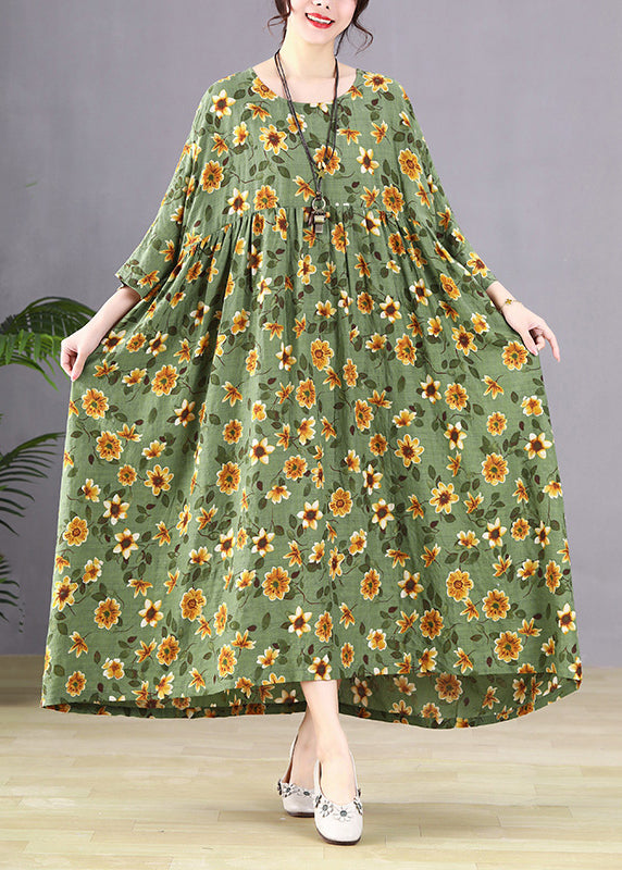 Women Green Patchwork Print Maxi Dress Long Sleeve