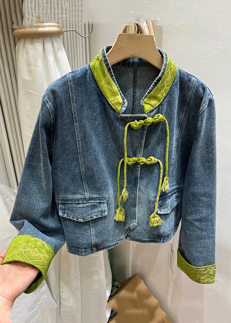 Women Green Stand Collar Chinese Button Denim Coat Spring