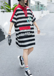 Women Green Stand Collar Striped Patchwork Cotton Mid Dress Summer